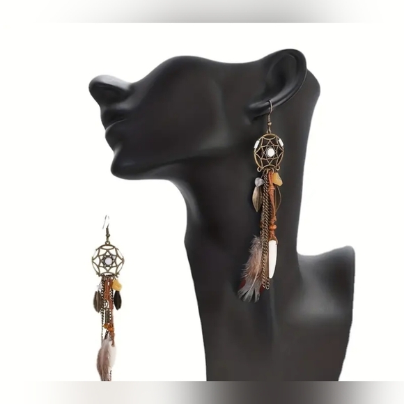 2 For 25$New! Earthy Feather Dangle Earrings with Bronze Accents NWT! - Picture 2 of 4
